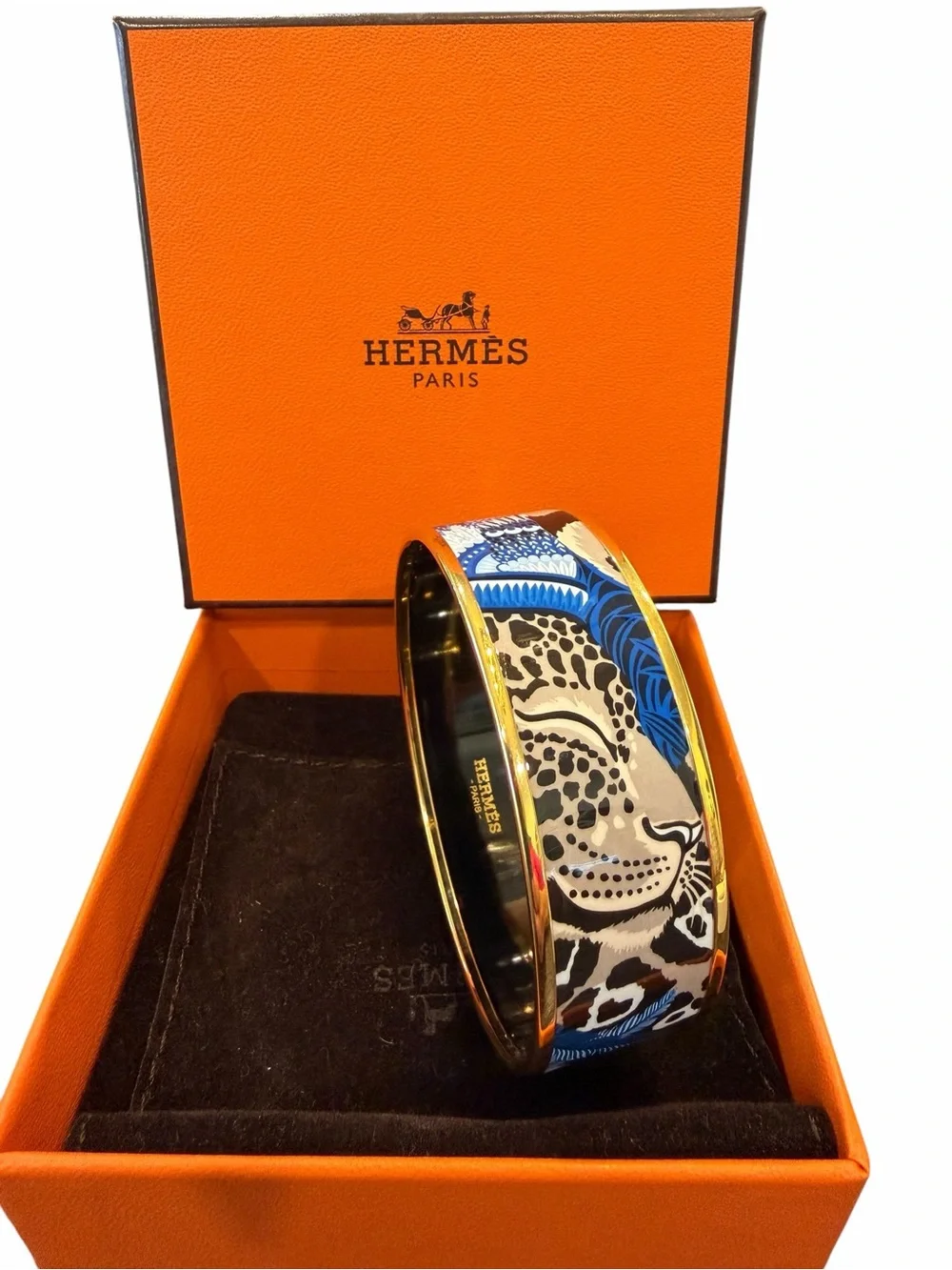 Hermes Blue, Beige & Black Enamel Bangle with Gold Trim